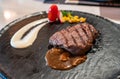 Delicious medium rare wagyu beef  steak with gravy sauce Royalty Free Stock Photo