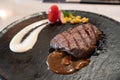 Delicious medium rare wagyu beef  steak with gravy sauce Royalty Free Stock Photo