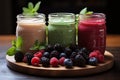 A delicious medley of colorful berries nestled in inviting glass jars of fresh smoothie