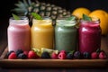 A delicious medley of colorful berries nestled in inviting glass jars of fresh smoothie