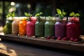 A delicious medley of colorful berries nestled in inviting glass jars of fresh smoothie