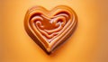 Delicious melted caramel heart. Flow, wave and drops splash caramels sauce. Love sweets food design. AI Generative