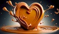 Delicious melted caramel heart. Flow, wave and drops splash caramels sauce. Love sweets food design. AI Generative