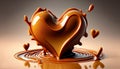 Delicious melted caramel heart. Flow, wave and drops splash caramels sauce. Love sweets food design. AI Generative