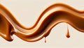 Delicious melted caramel texture. Flow, wave and drops splash caramels sauce. Sweet food isolated on white background. AI