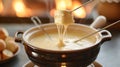 Delicious melted cheese fondue with a perfect stretch, in a pot over a soft flame, evoking a cozy culinary delight