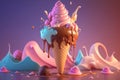 Delicious melted ice cream cone, generative ai