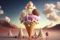 Delicious melted ice cream cone, world of ice cream, illustration generated by AI