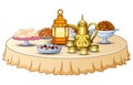Delicious menu for iftar party are on the table with lantern and gold teapot