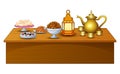 Delicious menu for iftar party are on the table with lantern and gold teapot Royalty Free Stock Photo