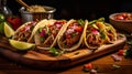 Delicious mexican cochinita pibil tacos on a wooden board