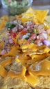 Delicious Mexican cuisine dish, nachos with melted cheddar cheese, roughly chopped tomatoes, onions, peppers and coriander leaves