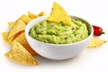 Delicious Mexican fare, guacamole and chips, isolated on white