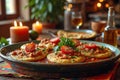 Delicious mexican sopes with chicken and salsa on rustic table setting Royalty Free Stock Photo