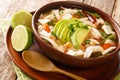 Delicious Mexican soup made from chicken  chickpeas and vegetables close-up in a bowl. horizontal Royalty Free Stock Photo