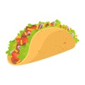 Delicious mexican Taco cartoon illustration isolated on white background. beef meet, tomato, cheese, onion, lettuce Royalty Free Stock Photo