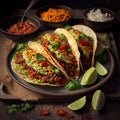 Delicious Mexican tacos with crispy ground beef, beans, and spices on a platter. Generative AI