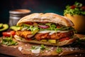 Delicious Mexican Torta with breaded chicken cutlet. AI Generated Image