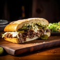 Delicious Mexican Torta Sandwich with Carne Asada and Fresh Lettuce. Generative AI