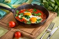 delicious middle east shakshuka - fried eggs, onion, bell pepper, tomatoes, chilli and spices in cast iron stewpan with Royalty Free Stock Photo