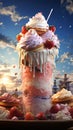 Delicious milkshake tower with Strawberry Blueberry fruit Ice Cream cake and cookies