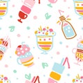 Delicious Milkshakes Seamless Pattern, Healthy Ice Cream Drinks and Fresh Milk Beverages Background, Banner, Wallpaper