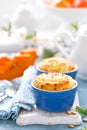 Delicious mini casserole with cottage cheese and pumpkin for breakfast. White background