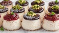 Delicious mini cheesecakes with chocolate and fruit toppings Royalty Free Stock Photo