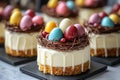 Delicious mini cheesecakes decorated with easter eggs nests and chocolate for spring celebration Royalty Free Stock Photo