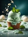Delicious Mint gelato ice cream, floating, refreshing frozen dessert. Cinematic advertising photography