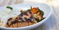 Delicious miso marinated salmon with rice and vegetables Royalty Free Stock Photo