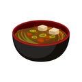 Delicious miso soup in black bowl. Traditional Japanese dish. Flat vector element for promo poster, cafe or restaurant Royalty Free Stock Photo