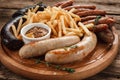 Delicious mix of grilled sausages on wood platter Royalty Free Stock Photo