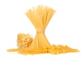 Delicious mixed pasta on white background. Creative photo. Royalty Free Stock Photo