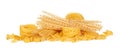 Delicious mixed pasta on white background. creative photo. Royalty Free Stock Photo