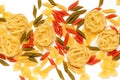 Delicious mixed pasta on white background. creative photo. Royalty Free Stock Photo