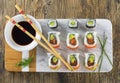 Delicious mixed sushi arranged on white marble surface Royalty Free Stock Photo