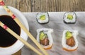 Delicious mixed sushi arranged on white marble surface Royalty Free Stock Photo