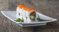 Delicious mixed sushi arranged on white marble surface Royalty Free Stock Photo