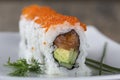 Delicious mixed sushi arranged on white marble surface Royalty Free Stock Photo