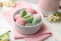 Delicious mochi in bowl on table. Traditional Japanese dessert