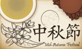 Delicious Mooncake, Cassia Wine and Draw for Mid-Autumn Festival, Vector Illustration