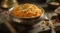 Delicious Moong Dal Halwa Dessert in Metal Bowl, Nut Garnish