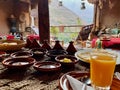 Delicious Moroccan breakfast on beautiful rooftop terrace in the High Atlas Mountains. Imlil, Morocco.