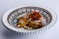 Delicious moroccan sweet cookies made with warqa dough stuffed with a mass of almonds, sprinkled with icing sugar, cinnamon Royalty Free Stock Photo