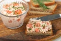 Delicious mousse, riyet, pate, dip of Smoked Salmon trout, Cream Cheese, dill and horseradish on Rye Bread Slices Royalty Free Stock Photo