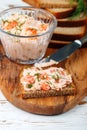 Delicious mousse, riyet, pate, dip of Smoked Salmon trout, Cream Cheese, dill and horseradish on Rye Bread Slices Royalty Free Stock Photo