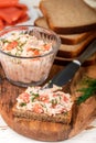 Delicious mousse, riyet, pate, dip of Smoked Salmon trout, Cream Cheese, dill and horseradish on Rye Bread Slices Royalty Free Stock Photo