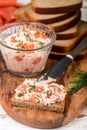 Delicious mousse, riyet, pate, dip of Smoked Salmon trout, Cream Cheese, dill and horseradish on Rye Bread Slices Royalty Free Stock Photo