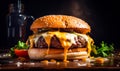 Delicious mouth-watering burger with two kinds of melted cheese. Yummy fast food close up. Generative AI Royalty Free Stock Photo